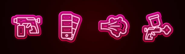 istock Set line Paint spray gun, Color palette guide, and . Glowing neon icon. Vector 2010350296