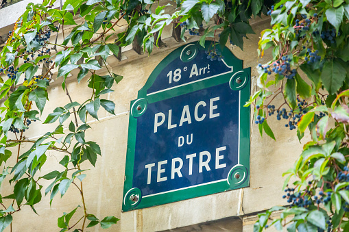 Place du Tertre street sign in the Montmartre district in Paris, France