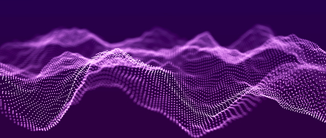 Big data visualization. The musical stream of sounds. Abstract background with interweaving of dots and lines. 3D .
