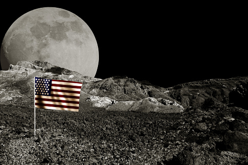 Desert space landscape, Moon and American flag