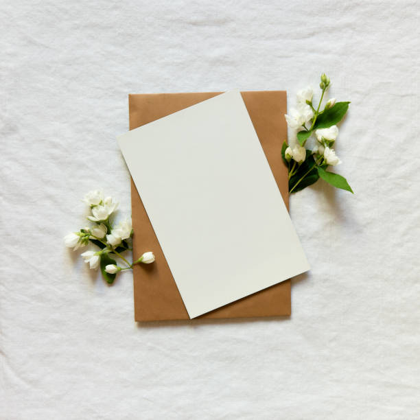 istock Blank greeting card, invitation and envelope mockup. Minimal floral frame made of jasmine flower branch. Flat lay, top view. Happy mother's day, women's day or birthday, wedding composition. 2010382412
