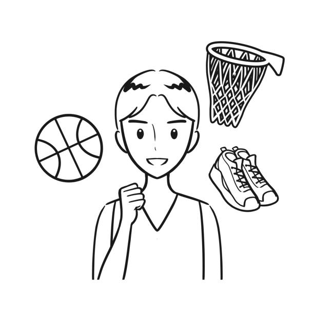 ilustraciones, imágenes clip art, dibujos animados e iconos de stock de baloncesto, club de baloncesto, estudiante masculino que trabaja duro en las actividades del club (dibujo lineal) - basketball little boys male young adult