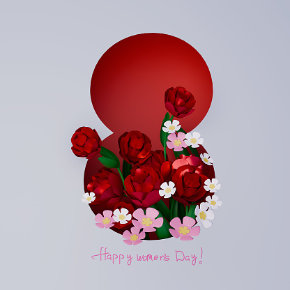 Women's Day background with 3d 8 number and flowers. 3d render.