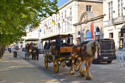 Bruges, Belgium - June 8 2023: Horse drawn carriage pulling tourists through the historic streets of Bruges in the summer. Medieval tourist destination: Bruges the capital of West Flanders in Belgium.