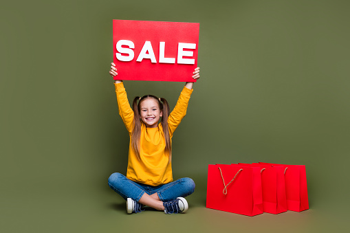 Full size photo of cheerful positive small kid hold red sale board over head sit near clothes in bags isolated on khaki color background.