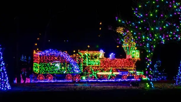 Night View Of An Elaborate Christmas Light Display Featuring A Multicolored Lit Train And Surrounding Trees, Creating A Vibrant And Festive Outdoor Scene.