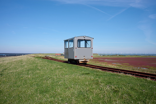 Railway from Lüttmoorsiel to Nordstrandischmoor Hallig called Halligbahn,North Sea,North Frisia,Germany