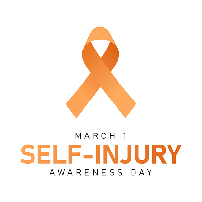 Self-Injury Awareness Day Card Design - SIAD, March 1, Orange Ribbon on White Background