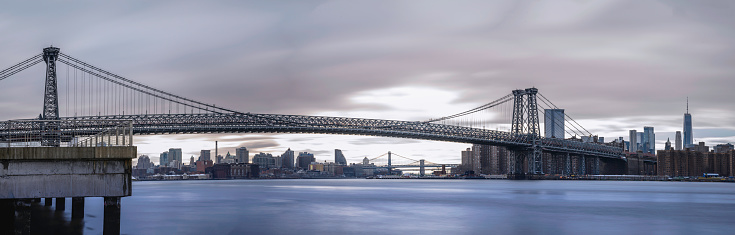 Williamsburg Bridge in New York City, a historic suspension bridge connecting Manhattan and Brooklyn for cars, a subway, bikers and pedestrians over the East River, USA, a panoramic view