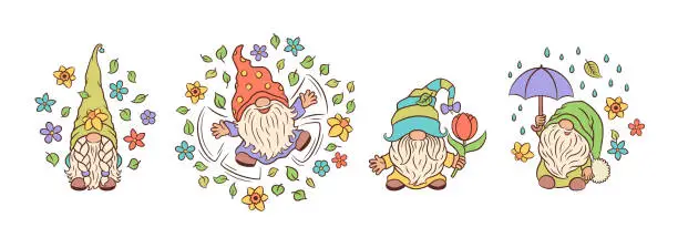 Vector illustration of Cute spring gnomes characters.