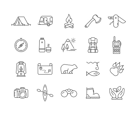 Outdoor and Camping Line Icon Set contains such icons as Travel Mug, Axe, Canoe, Wildlife Photography, Walkie Talkie Radio, and so on. Editable Stroke, Customizable Stroke Width, and Adjustable Colors.