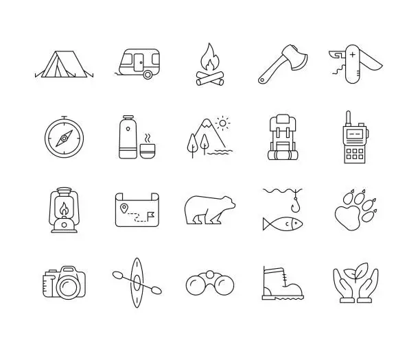 Vector illustration of Outdoor and Camping Line Icon Set with Editable Stroke
