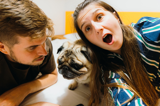 Woman photographing herself with a man and her cute dog - pug breed in the bedroom with suprised emotion
