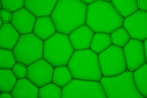 macro photo of different structures, hexagons, pentagons,  in green colored water soap bubble