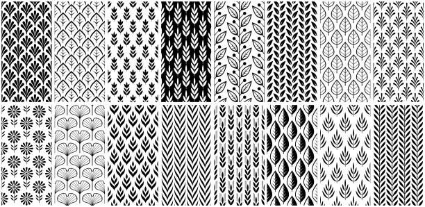 Set of seamless geometric patterns with plants. Vector backgrounds.