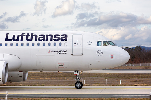 Frankfurt, Germany - February 13, 2024: An Airbus A320-200 of german airline Lufthansa taxiing on the runway of Frankfurt Airport. Frankfurt International Airport is the largest airport in Germany.