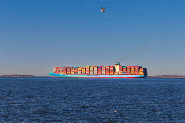 Maasvlakte, Netherlands - July 1, 2019: container ship Morten Maersk inbound Rotterdam