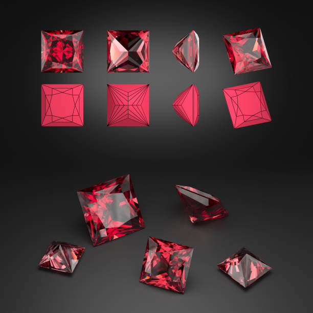 istock Demonstration of a princess cut ruby from different angles. Scheme of cutting. Scattering of gemstones. 3d rendering. 2010499471
