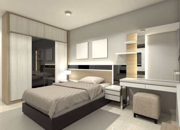 istock Modern Bedroom with Clothes Wardrobe, Minimalist Bed Frame and Dressing Table 2010512841