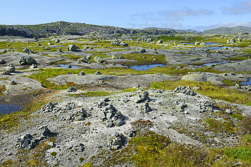 View of the rocky landscape not far from Lysebotn and Suleskard in Rogaland, Tjodanpollen, Norway - landscape of stone fields