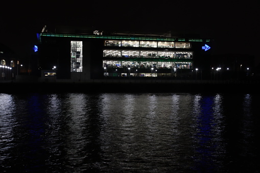 STV Headquarters on the banks of the River Clyde in Glasgow at night