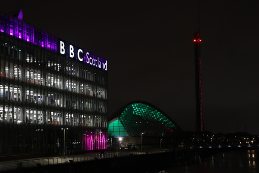 BBC Headquarters, Pacific Quay, Glasgow at night