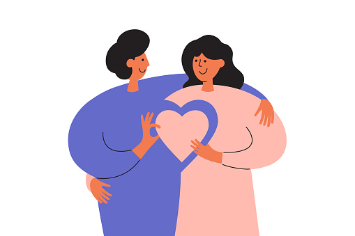 Love vector illustration. Valentine's day. Couple of people holding big heart together. Man hugging woman giving her gift. Happy male and female lovers embrace. Boyfriend and girlfriend romantic date