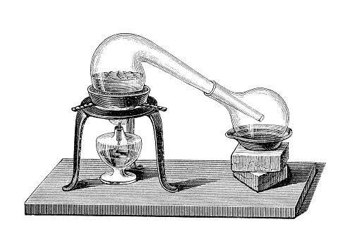 Engraving from an old chemistry book describing lab experiments