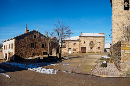 Yelo, Spain - January 21, 2024. Main square of Yelo. Soria, Castilla y León, Spain