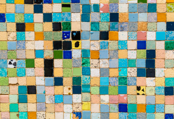 Surface of colored squares, worn mosaic.