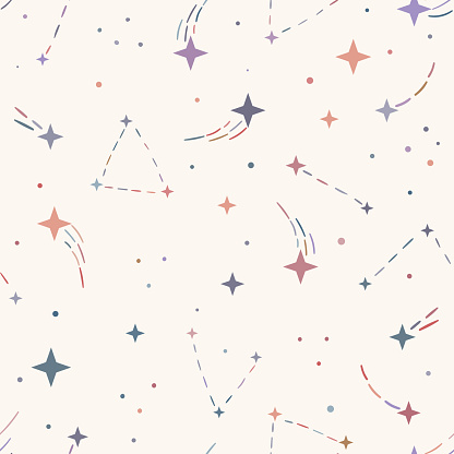 Shooting star pattern, cute seamless repeating backgorund with stars and constellations, vector wallpaper