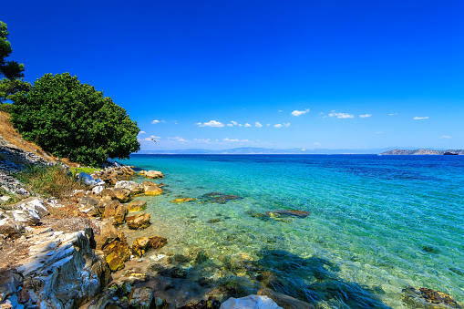 Beautiful scene from turquoise sea.Tarsanas Beach, Thassos, Greece