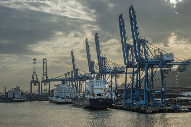 Panama Canal, Panama - July 24, 2023: The Safmarine Benguela and the Arsos container vessels docked in Balboa Port under gray cloudscape. Several cranes working