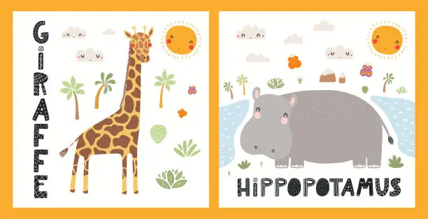 Vector illustration of Cute tropical animals posters, cards collection