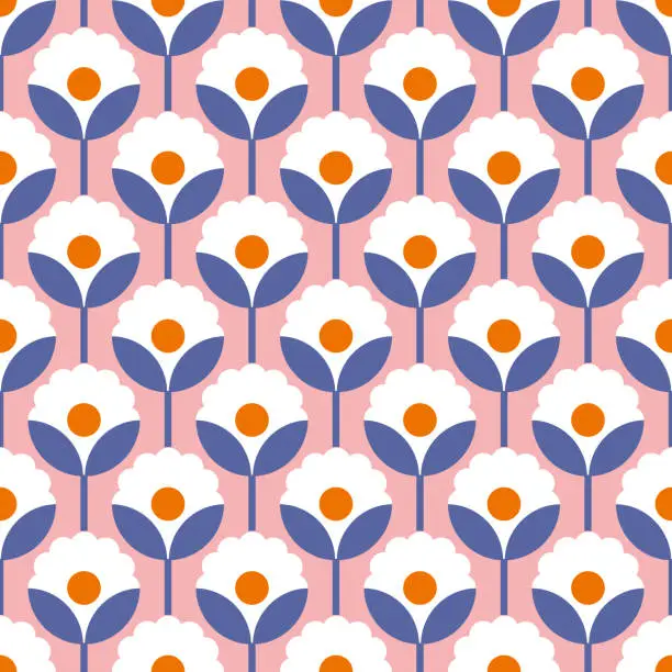 Vector illustration of Modern geometric flower seamless pattern. Retro Scandinavian style.