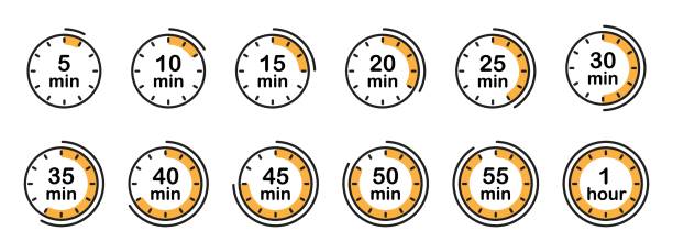 illustrations, cliparts, dessins animés et icônes de minuterie, chronomètre, horloge, ensemble isolé d’icônes de minuterie pour cinq minutes, dix minutes, quinze minutes, etc. - 14 15 ans