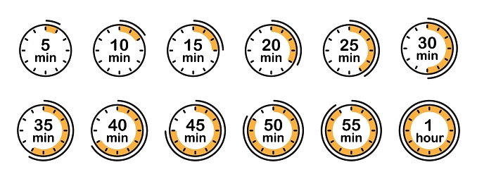 Timer, stopwatch, clock, isolated set of timer icons for five minutes, ten minutes, fifteen minutes, etc.