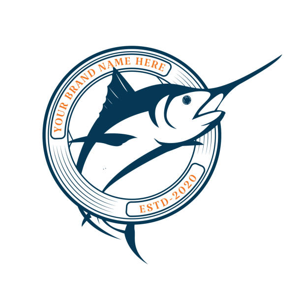 ilustrações de stock, clip art, desenhos animados e ícones de circular round jumping marlin sword fish badge emblem label for angler club design vector - marlin sailfish nature saltwater fish