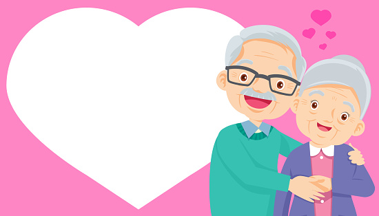 Elderly old couple and blank heart banner cartoon set. Older men, women present your text.elderly people poster