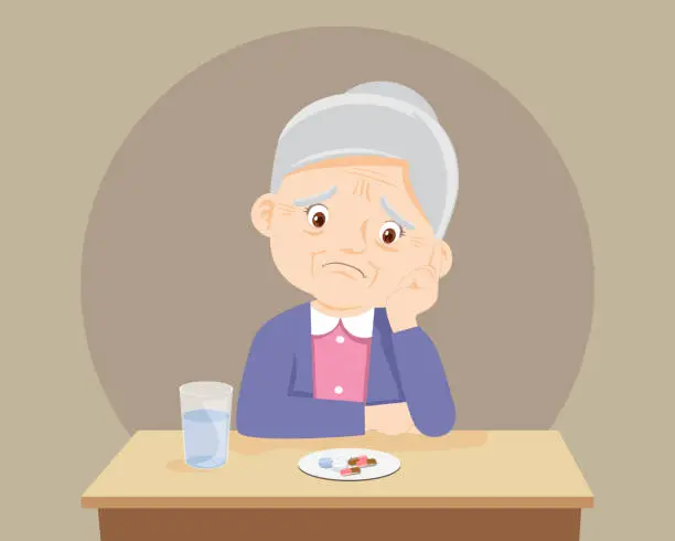 Vector illustration of Sicked old woman feel bored and disgusted to swallow pill