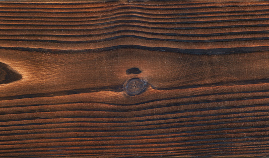 High angle view of a flat textured wooden board backgrounds. It has a beautiful nature and abstractive pattern. A close-up studio shooting shows details and lots of wood grain on the wood table. The piece of wood at the surface of the table also appears rich wooden material on it. The wood is dark brown color with darker brown lines and pattern on the bottom. Flat lay style. Its high-resolution textured quality.