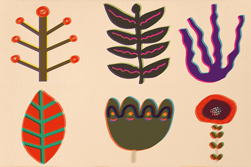 Collection of plants art print .  Risograph style