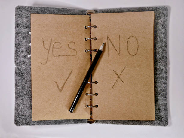 Yes and No written with pencil in a notebook with craft paper pages.
