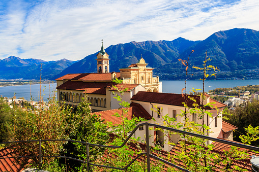View of Madonna del Sasso monastery and lake Maggiore at Locarno, Switzerland