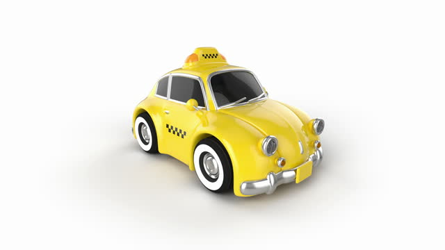 Yellow cartoon taxi on a white background. Funny retro toy car. Seamless animation with alpha channel.