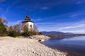 church with a lake