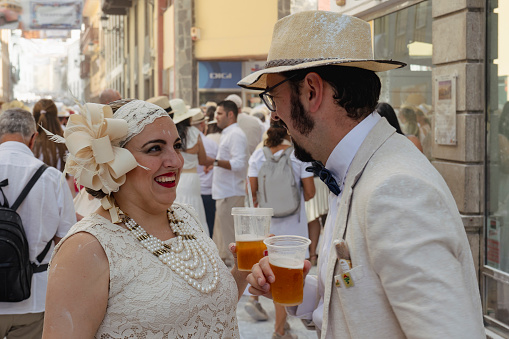 Santa Cruz de La Palma, Spain - February 12, 2024: People having fun during annual carnival Los Indianos on the streets of the city