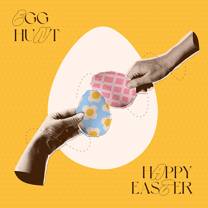 Halftone collage card design. Hands Knocking Easter Eggs. Fight game seasonal tradition. y2k vector illustration