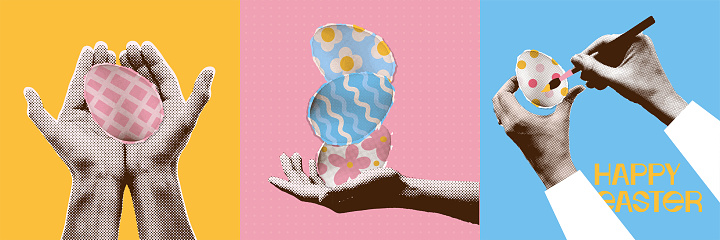 y2k vintage halftone collage of hands holding and painting eggs. The concept of spring holiday celebration . Minimalism cards set. Vector pop art illustration