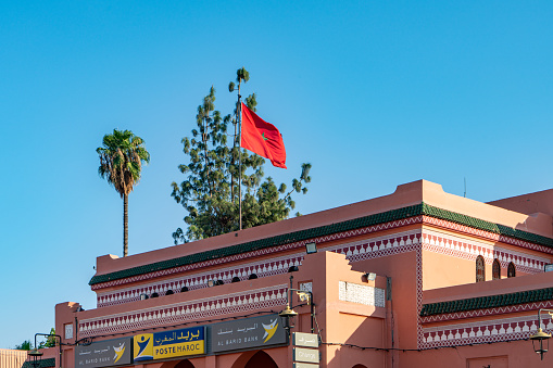 Jemaa el-Fnaa viwe, Maroc Post Office at medina of Marrakech, Morocco.